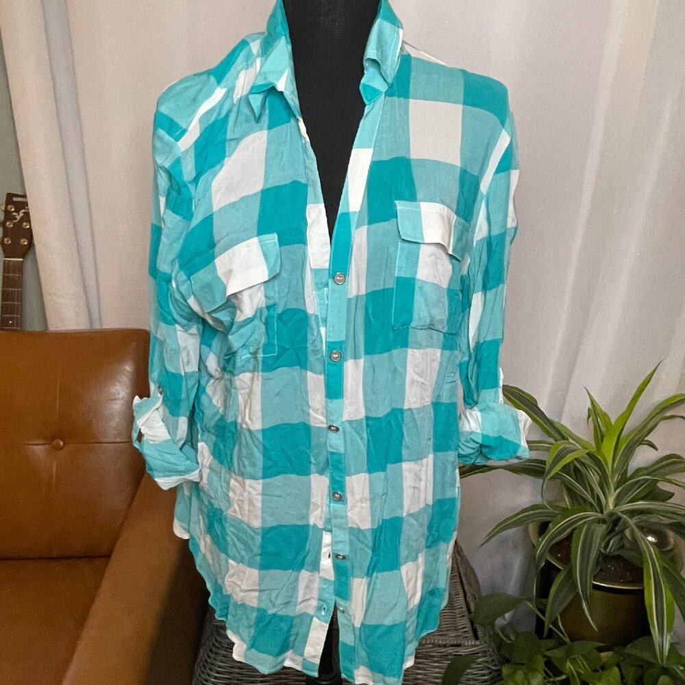 Teal Checkered Button Up Blouse - image 1